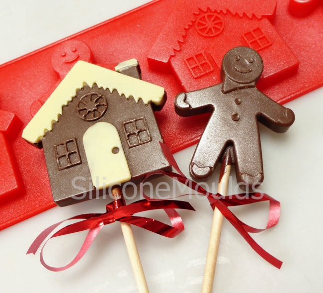 4 cell Gingerbread House Man Lolly / Chocolate Bar Silicone Mould