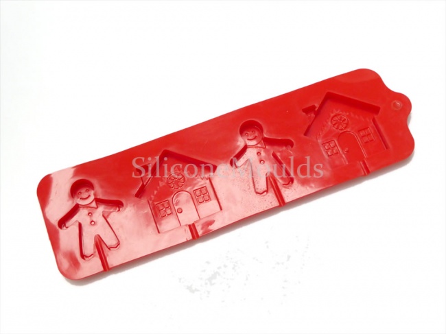 4 cell Gingerbread House Man Lolly / Chocolate Bar Silicone Mould