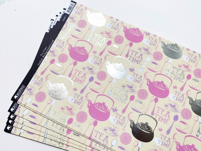 10 x Kanban TEA TIME A4 Foil Stock Card / Crafts - Teapot/ Spoons